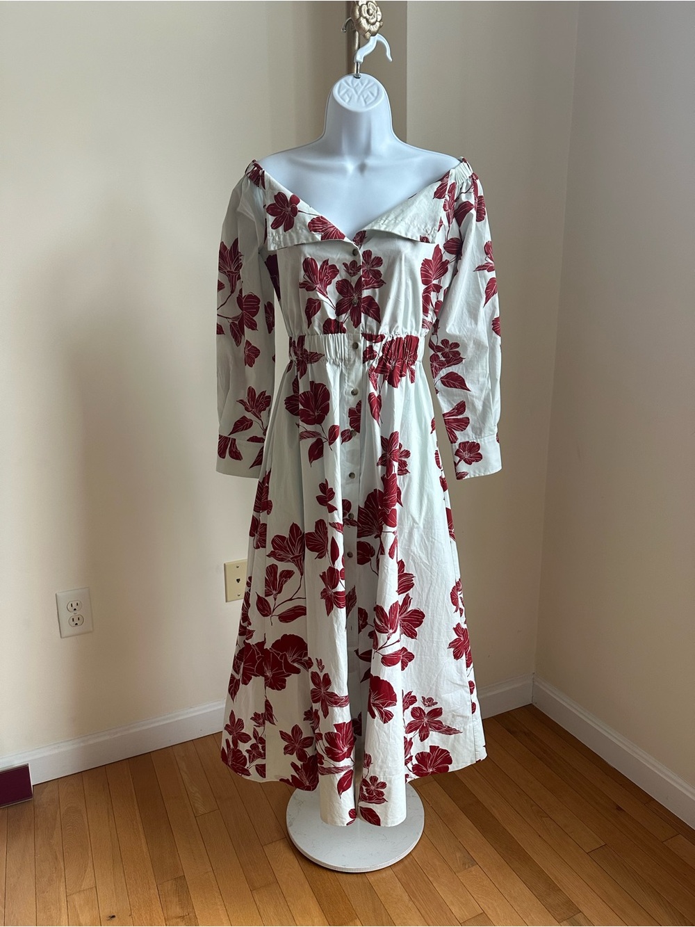 Floral Off-Shoulder Midi Dress in Light Blue and Red